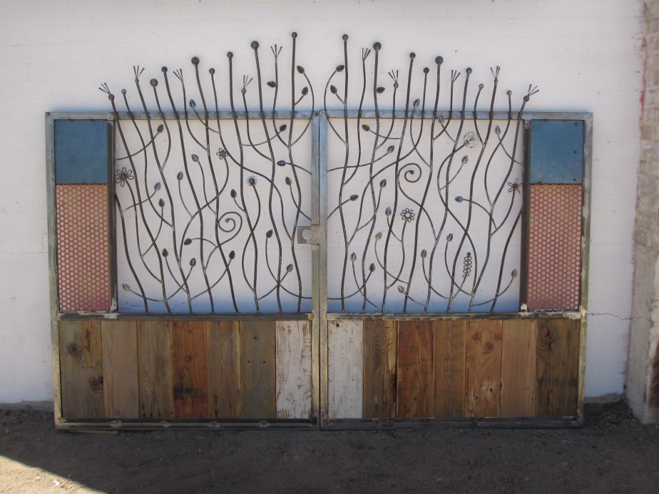 Pair of Double Swing Gates for Bens Bells, Downtown Tucson AZ. Recycled&nbsp;Materials.